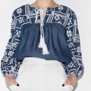 Haoduoyi Blue Long Sleeve Embroidered Blouse size L (XXL)